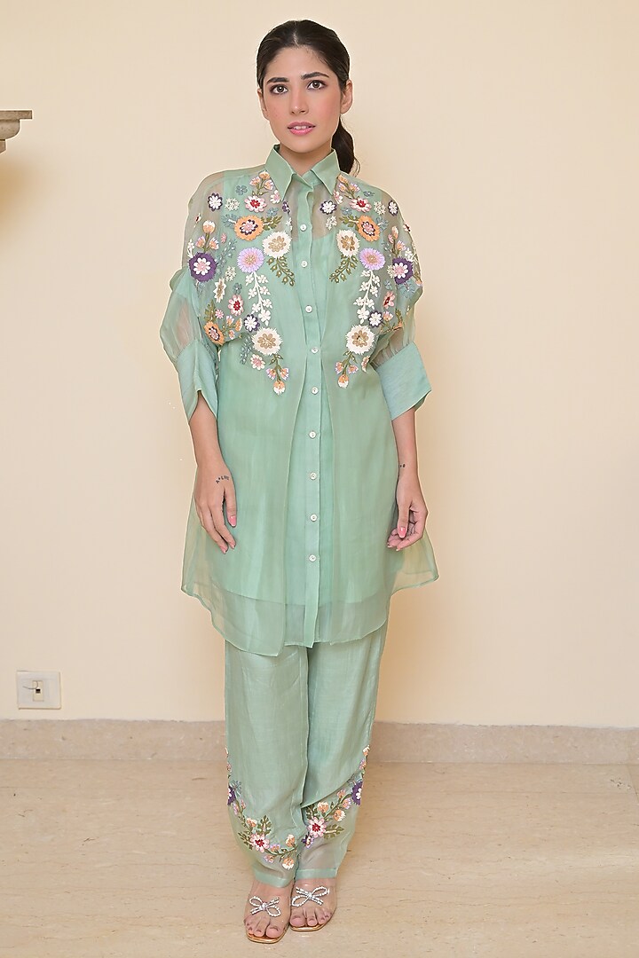 Seal Blue Organza Applique Work Tunic Set by Ruchika and Mallika Pretwear at Pernia's Pop Up Shop