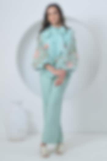 Seal Blue Organza Applique Work Co-Ord Set by Ruchika and Mallika Pretwear at Pernia's Pop Up Shop