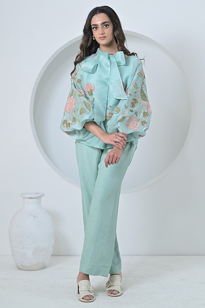 Seal Blue Organza Applique Work Co-Ord Set by Ruchika and Mallika Pretwear at Pernia's Pop Up Shop