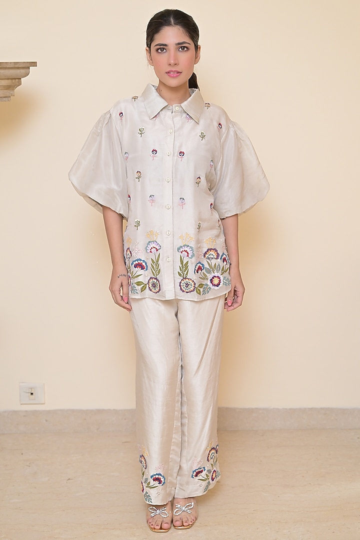 Beige Tissue Organza Applique Work Co-Ord Set by Ruchika and Mallika Pretwear at Pernia's Pop Up Shop