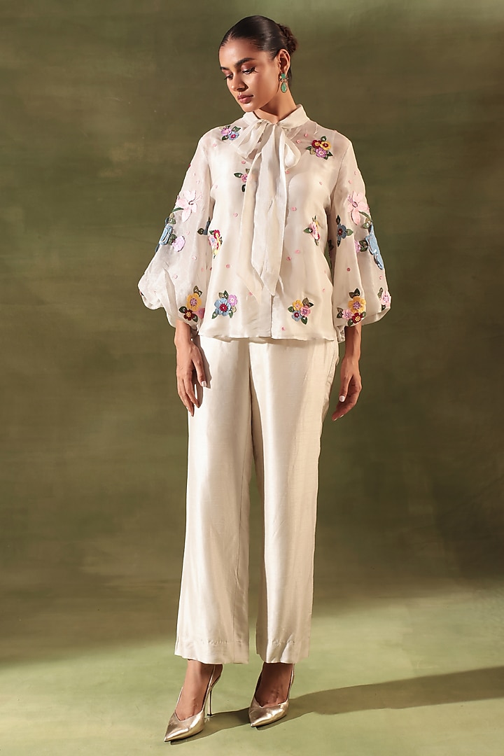 Beige Tissue Organza Applique Work Co-Ord Set by Ruchika and Mallika Pretwear at Pernia's Pop Up Shop