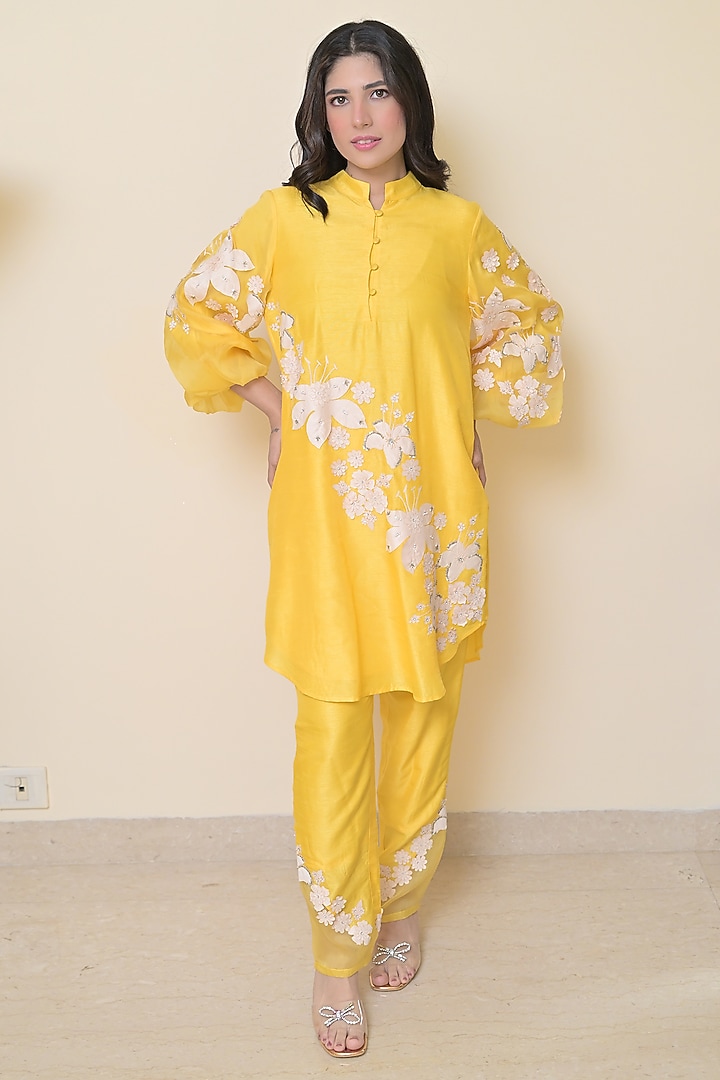 Sun Yellow Bamberg Applique Work Tunic Set by Ruchika and Mallika Pretwear at Pernia's Pop Up Shop