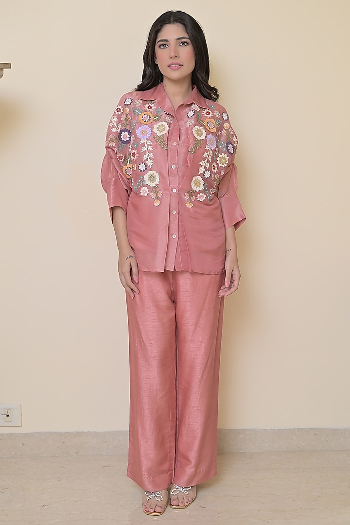 Blush Pink Tissue Organza Applique Work Co-Ord Set by Ruchika and Mallika Pretwear at Pernia's Pop Up Shop