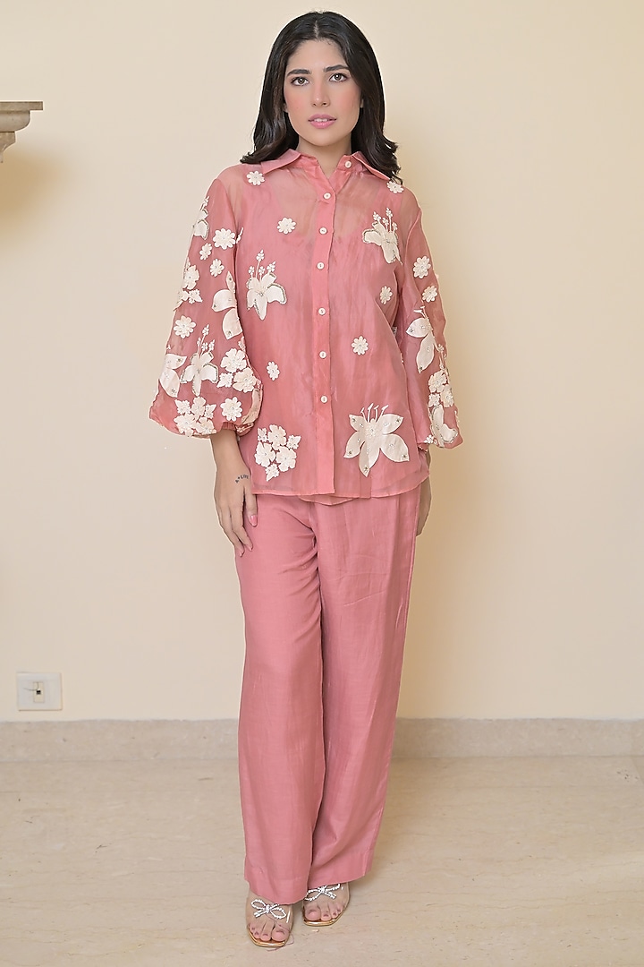Blush Pink Organza Applique Work Co-Ord Set by Ruchika and Mallika Pretwear at Pernia's Pop Up Shop
