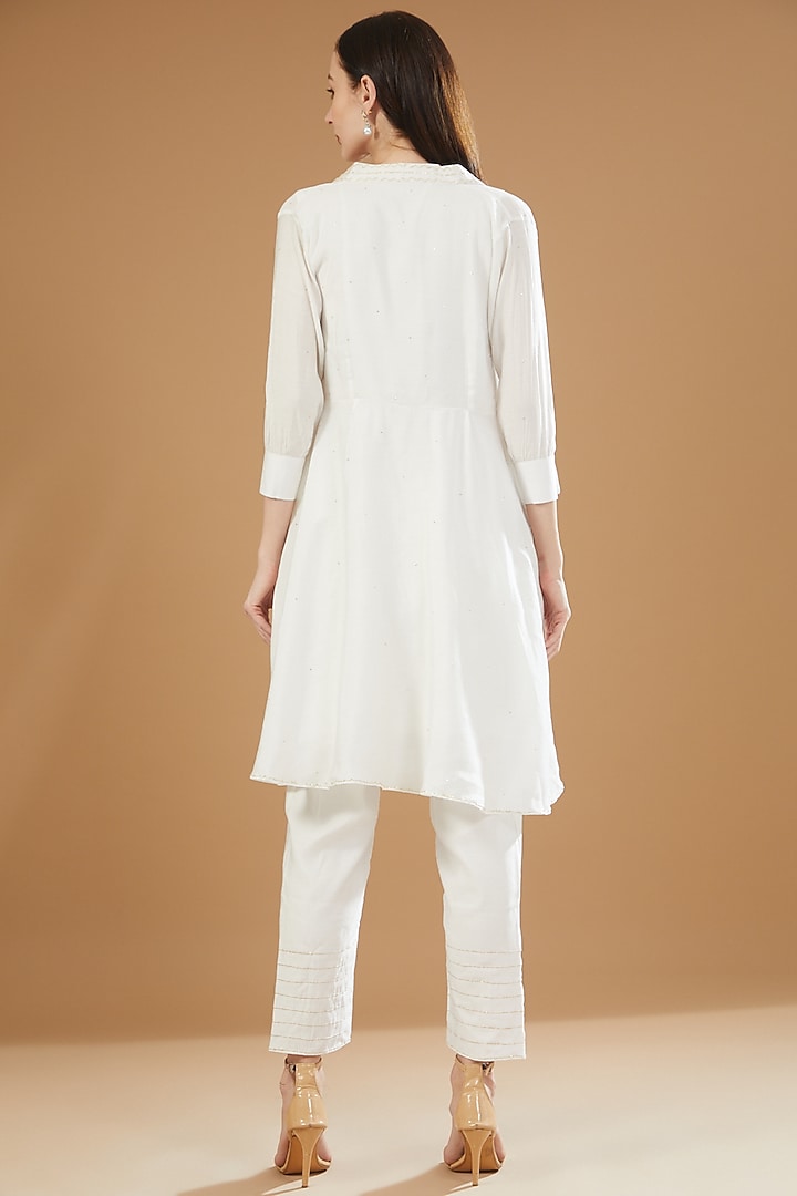 White Chanderi Cotton Embroidered Tunic Set by SAMAK BY MARZIAMEHDI at Pernia's Pop Up Shop