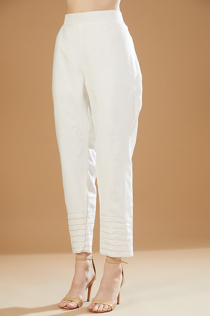 White Chanderi Cotton Embroidered Tunic Set by SAMAK BY MARZIAMEHDI at Pernia's Pop Up Shop