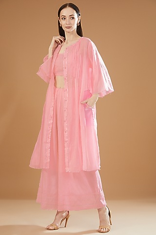 Pink Chanderi Cotton Embroidered Front Open Kurta Set by SAMAK BY MARZIAMEHDI