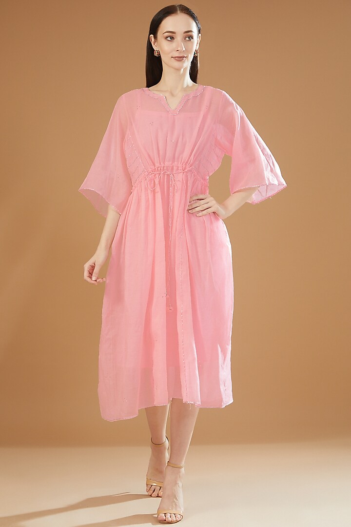 Pink Chanderi Cotton Embroidered Dress by SAMAK BY MARZIAMEHDI