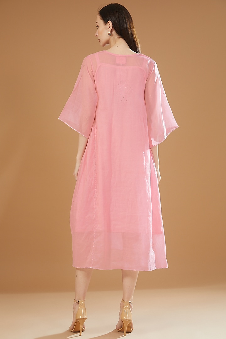 Pink Chanderi Cotton Embroidered Summer Dress by SAMAK BY MARZIAMEHDI at Pernia's Pop Up Shop