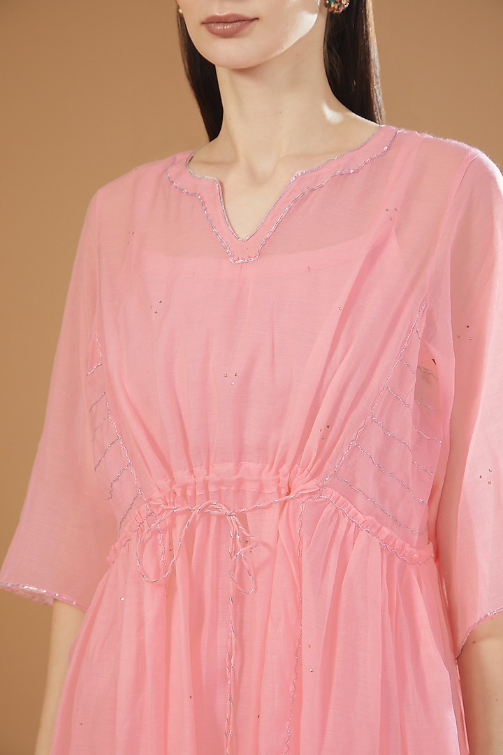 Pink Chanderi Cotton Embroidered Summer Dress by SAMAK BY MARZIAMEHDI at Pernia's Pop Up Shop