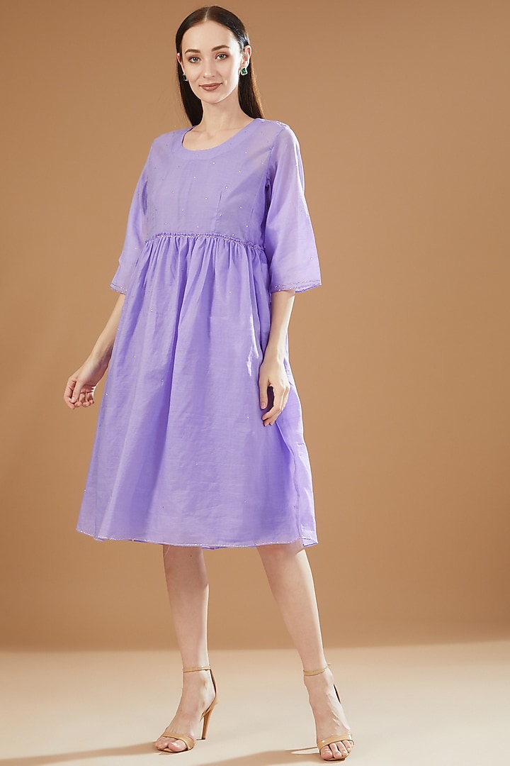 Purple Chanderi Cotton Embroidered Tunic Dress by SAMAK BY MARZIAMEHDI at Pernia's Pop Up Shop