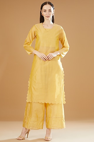 Yellow Chanderi Cotton Embroidered Kurta Set by SAMAK BY MARZIAMEHDI