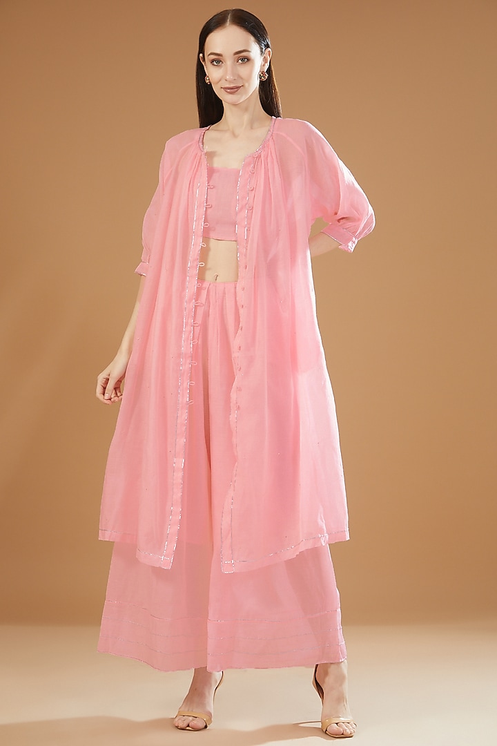Pink Chanderi Cotton Embroidered Front Open Kurta Set by SAMAK BY MARZIAMEHDI