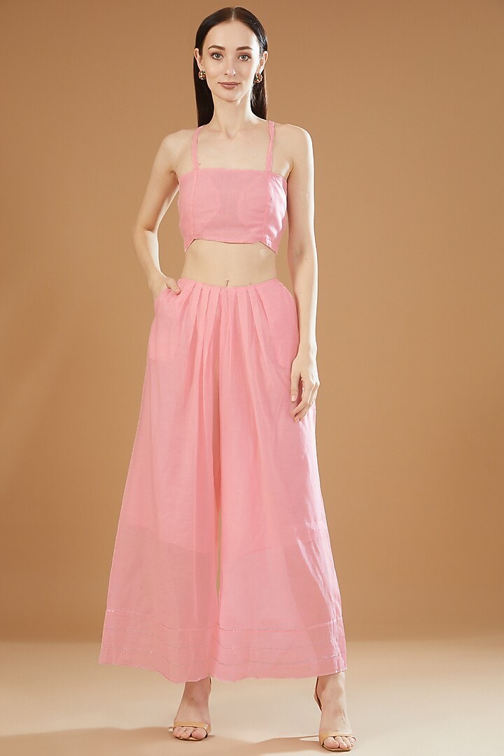 Pink Chanderi Cotton Embroidered Front Open Kurta Set by SAMAK BY MARZIAMEHDI at Pernia's Pop Up Shop