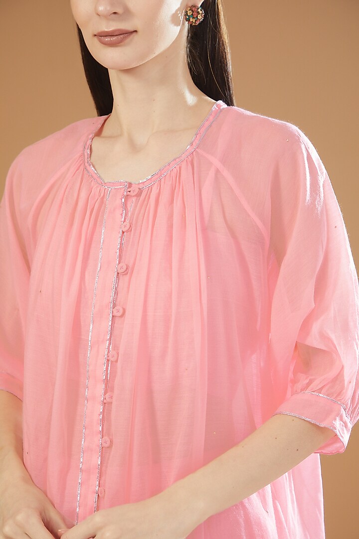 Pink Chanderi Cotton Embroidered Front Open Kurta Set by SAMAK BY MARZIAMEHDI at Pernia's Pop Up Shop
