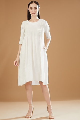 White Chanderi Cotton Embroidered Tunic Dress by SAMAK BY MARZIAMEHDI
