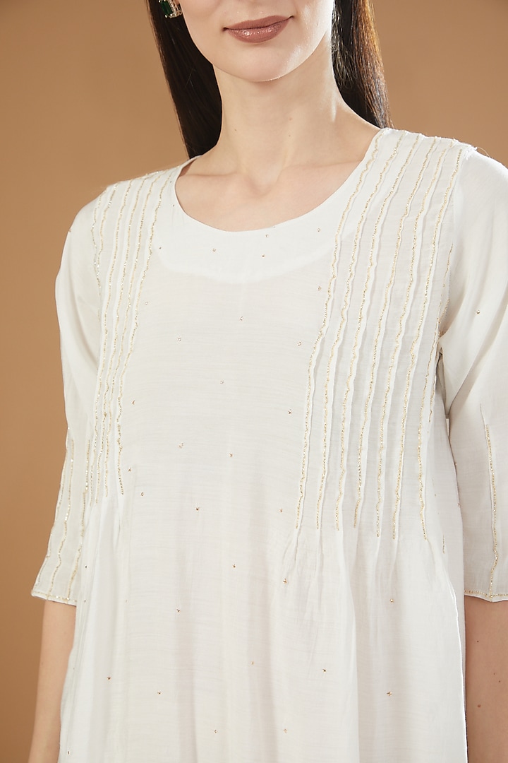 White Chanderi Cotton Embroidered Tunic Summer Dress by SAMAK BY MARZIAMEHDI at Pernia's Pop Up Shop