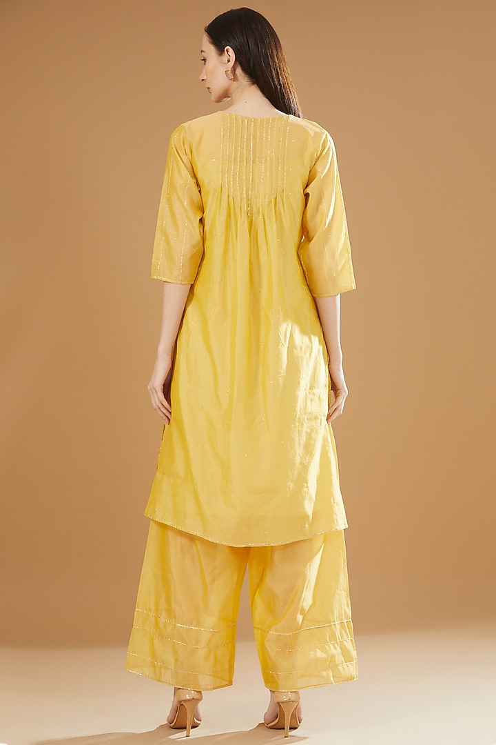 Yellow Chanderi Cotton Embroidered Gathered Kurta Set by SAMAK BY MARZIAMEHDI at Pernia's Pop Up Shop