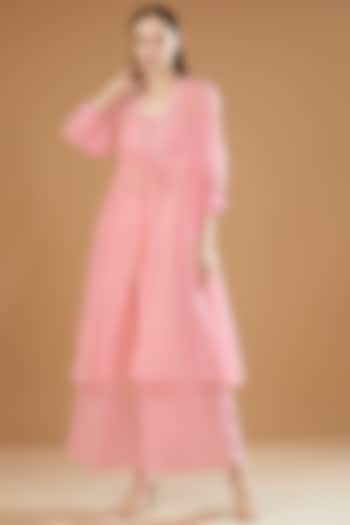 Pink Chanderi Cotton Embroidered Tunic Set by SAMAK BY MARZIAMEHDI