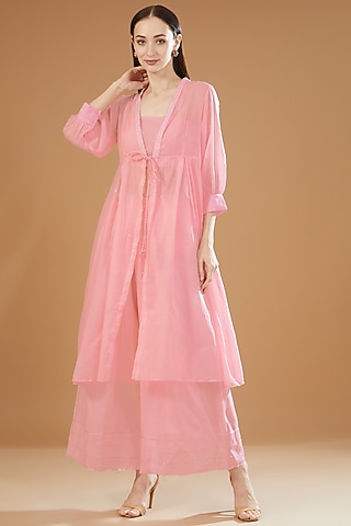 Pink Chanderi Cotton Embroidered Tunic Set by SAMAK BY MARZIAMEHDI