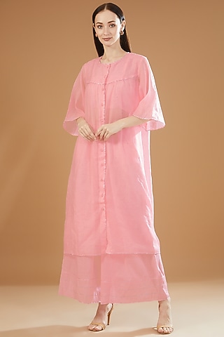 Pink Chanderi Cotton Embroidered Front Open Kurta Set by SAMAK BY MARZIAMEHDI