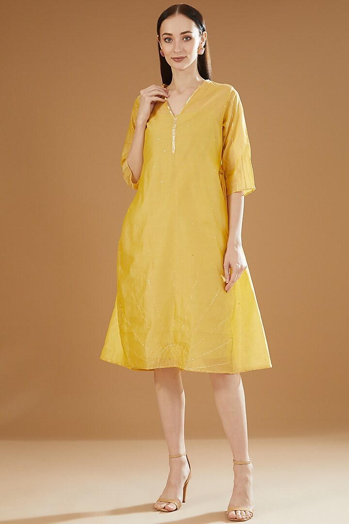Yellow Chanderi Cotton Embroidered A-Line Tunic Dress by MARZIAMEHDI