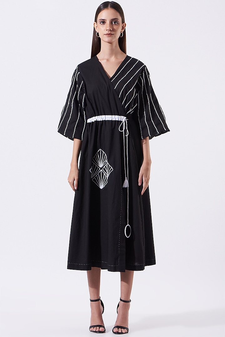 Black Embroidered Wrap Tunic Dress by SAMAK BY MARZIAMEHDI