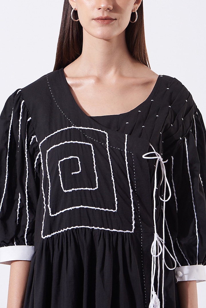 Black Embroidered Angrakha Summer Dress by SAMAK BY MARZIAMEHDI at Pernia's Pop Up Shop