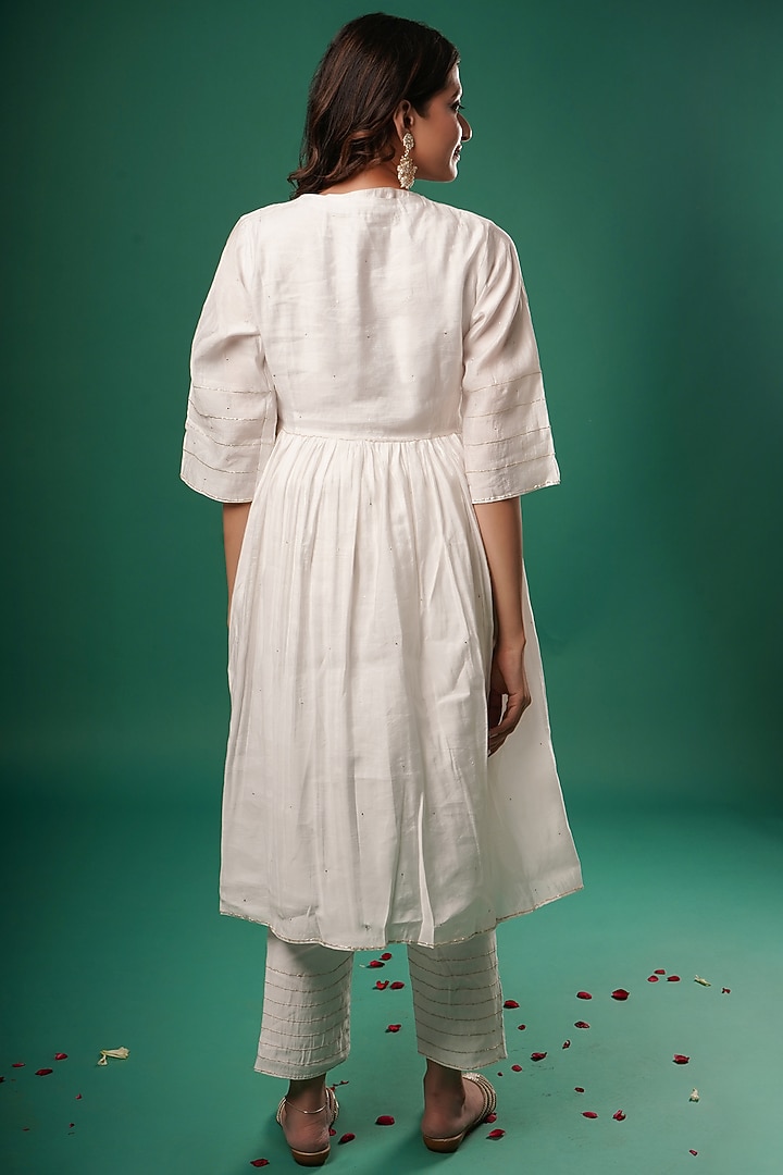 White Chanderi Cotton Angrakha Kurta Set by SAMAK BY MARZIAMEHDI at Pernia's Pop Up Shop