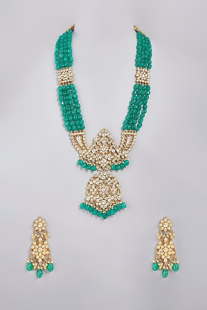 Gold Finish Emerald Synthetic Stones Necklace Set by Masaya Jewellery