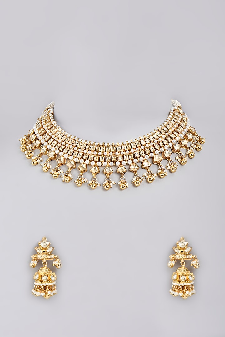 Gold Finish Kundan Polki & Pearls Necklace Set by Masaya Jewellery