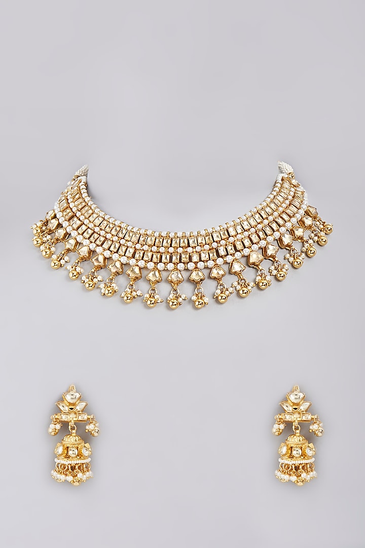 Gold Finish Kundan Polki & Pearls Necklace Set Design by Masaya