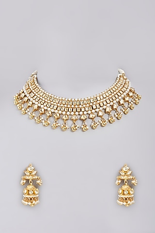 Gold Finish Kundan Polki & Pearls Necklace Set by Masaya Jewellery