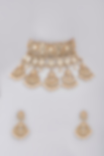 Gold Finish Kundan Polki & Pearls Choker Necklace Set by Masaya Jewellery