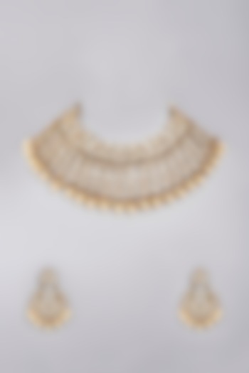 Gold Finish Necklace Set With Kundan Polki & Pearls by Masaya Jewellery