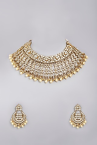 Gold Finish Necklace Set With Kundan Polki & Pearls by Masaya Jewellery