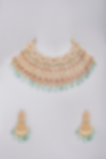 Gold Finish Kundan Polki & Ruby Synthetic Stones Necklace Set by Masaya Jewellery at Pernia's Pop Up Shop