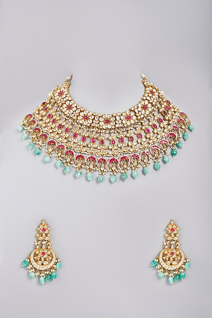 Gold Finish Kundan Polki & Ruby Synthetic Stones Necklace Set by Masaya Jewellery
