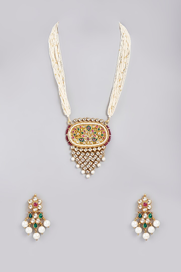 Gold Finish Kundan Polki Necklace Set by Masaya Jewellery