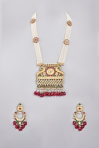 Gold Finish Kundan Polki Long Necklace Set by Masaya Jewellery