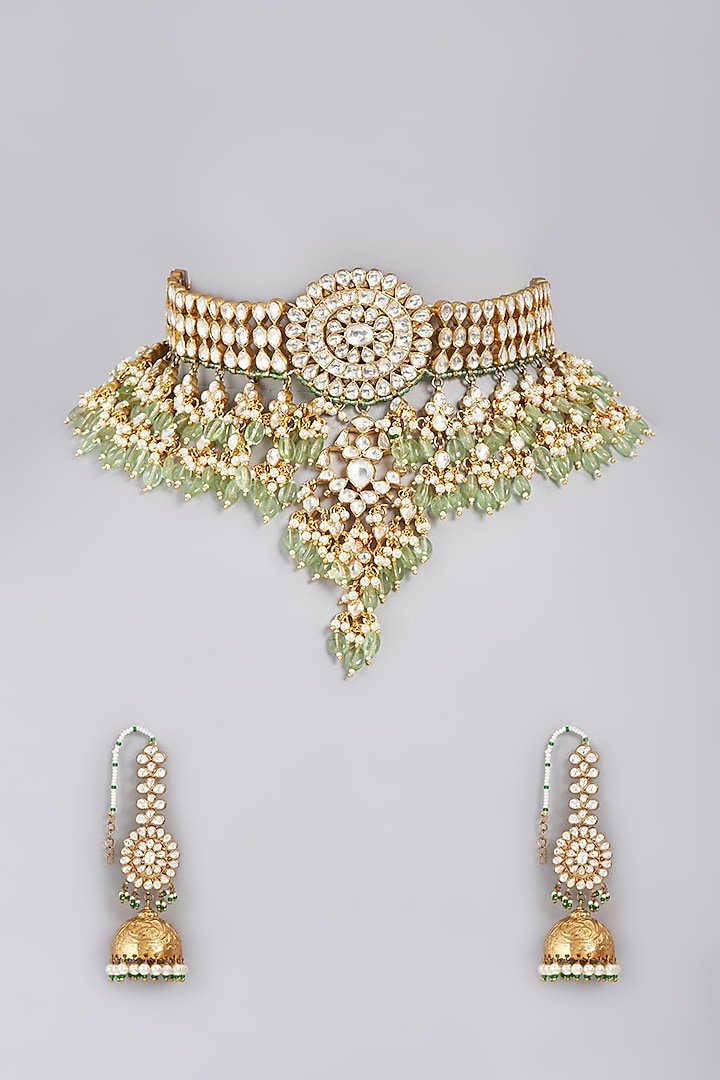 Gold Finish Kundan Polki Choker Necklace Set by Masaya Jewellery