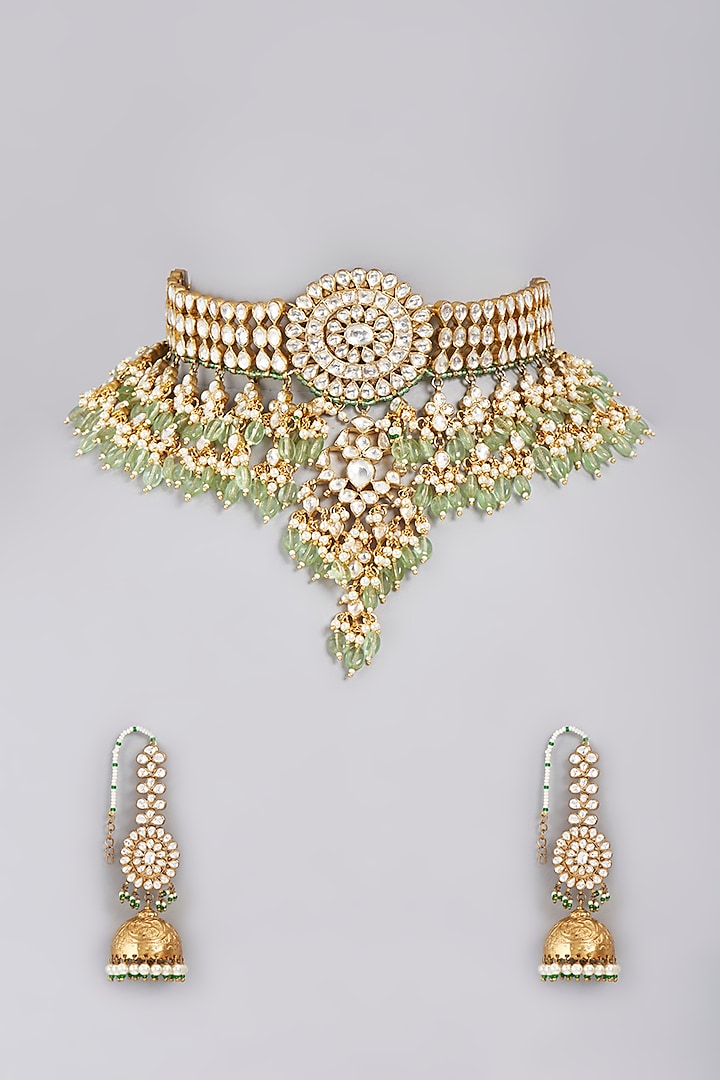 Gold Finish Kundan Polki Choker Necklace Set by Masaya Jewellery at Pernia's Pop Up Shop