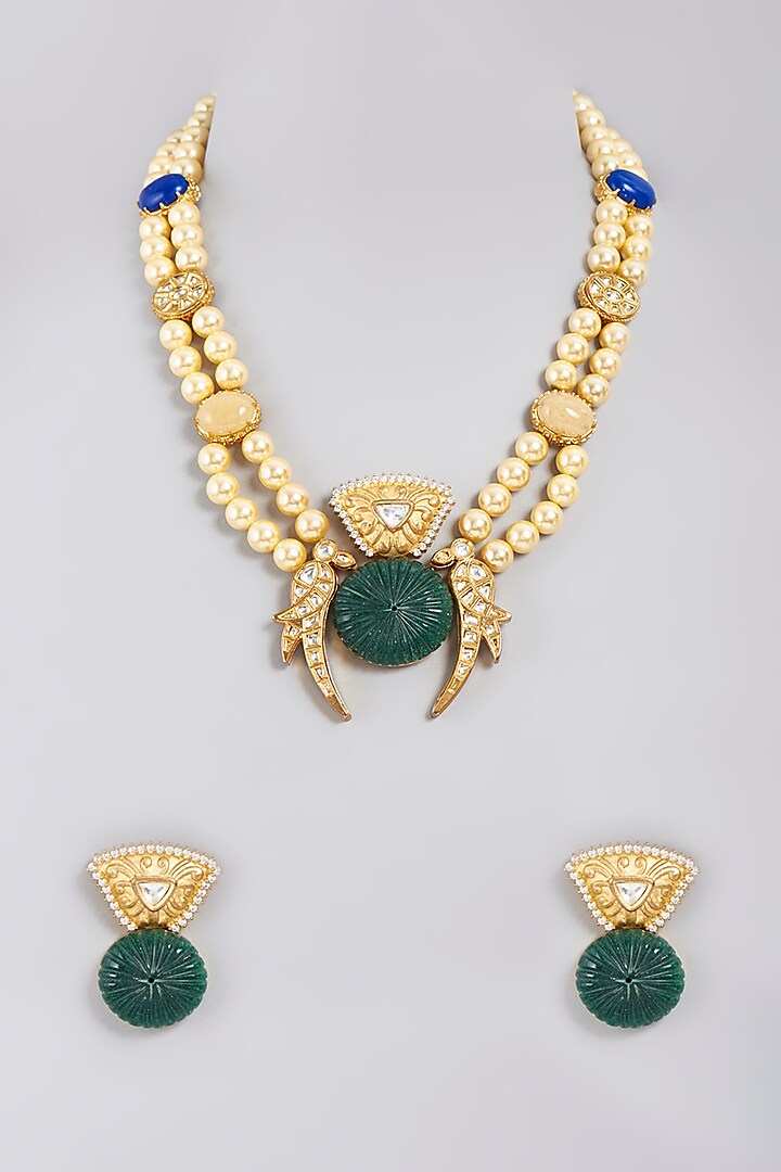 Gold Finish Kundan Polki & Green Stone Necklace Set by Masaya Jewellery