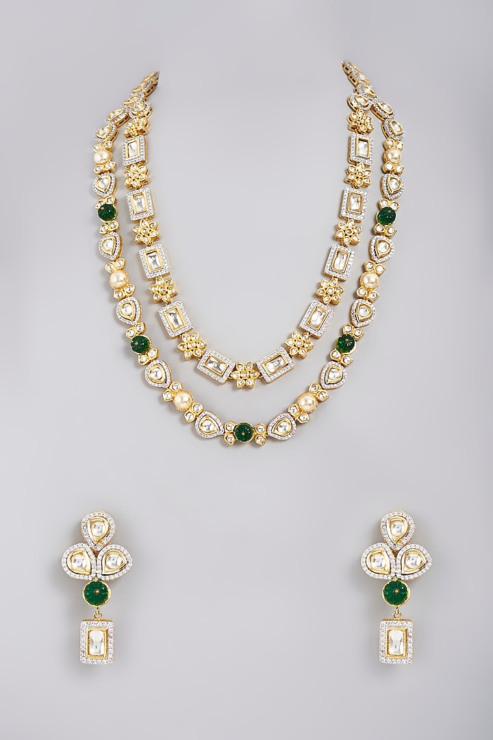 Gold Finish Green Stones & Kundan Polki Necklace Set by Masaya Jewellery