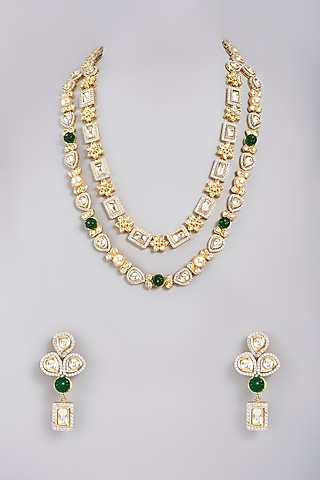 Gold Finish Green Stones & Kundan Polki Necklace Set by Masaya Jewellery
