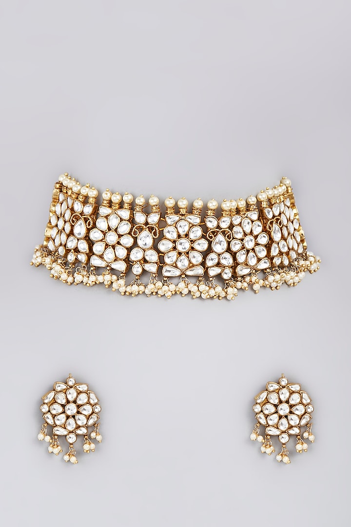 Gold Finish Pearls & Kundan Polki Necklace Set by Masaya Jewellery