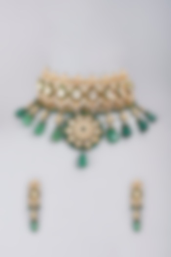 Gold Finish Emerald Synthetic Stones Necklace Set by Masaya Jewellery at Pernia's Pop Up Shop