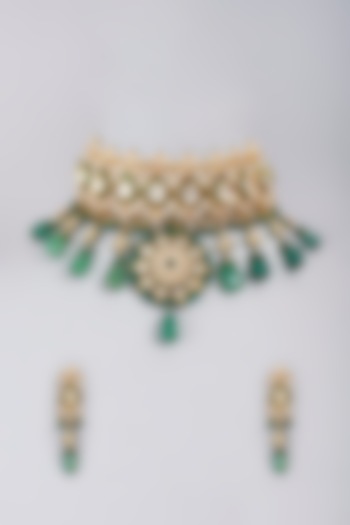 Gold Finish Emerald Synthetic Stones Necklace Set by Masaya Jewellery