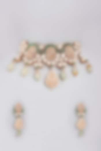 Gold Finish Pearl Choker Necklace Set by Masaya Jewellery