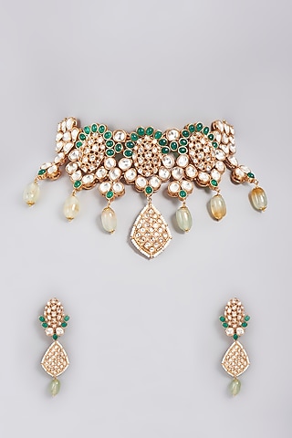 Gold Finish Pearl Choker Necklace Set by Masaya Jewellery
